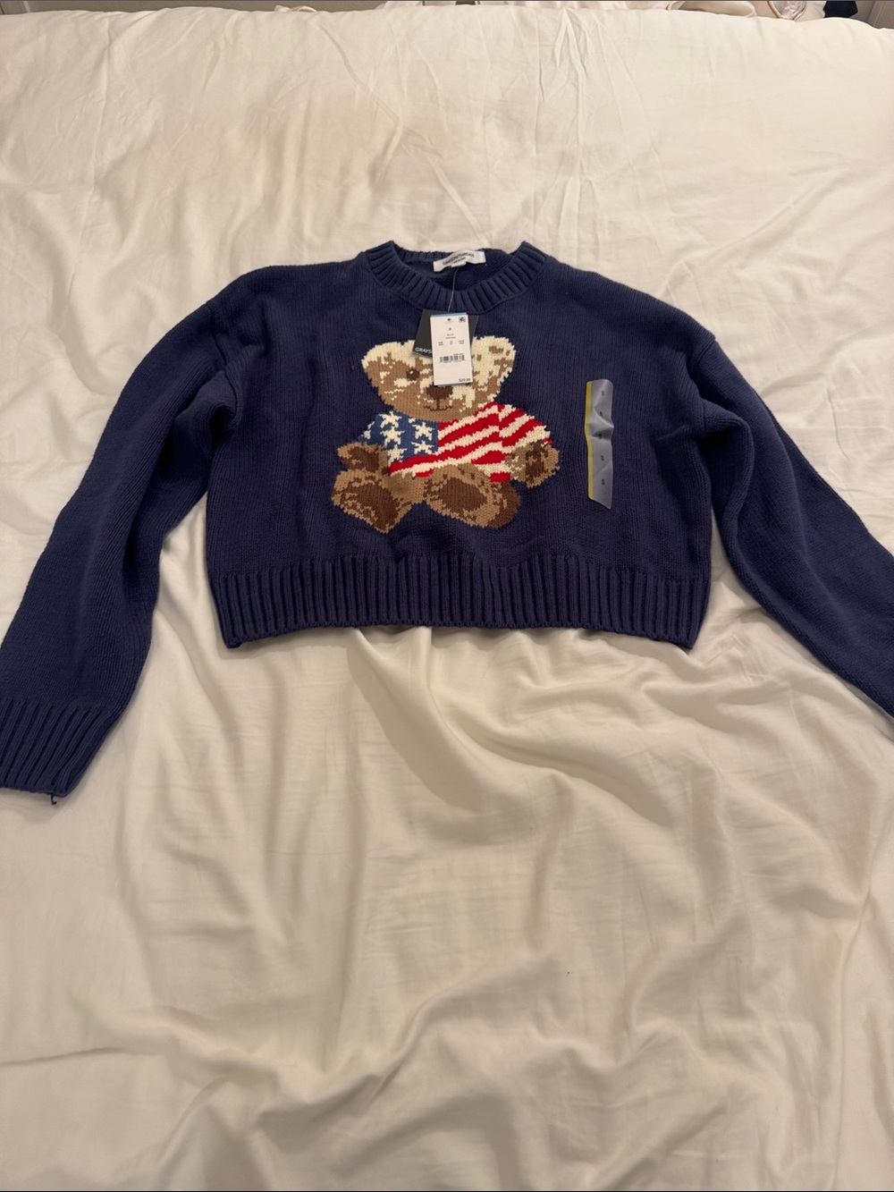 Grayson Threads Navy Cropped Teddy Bear Crewneck Sweater